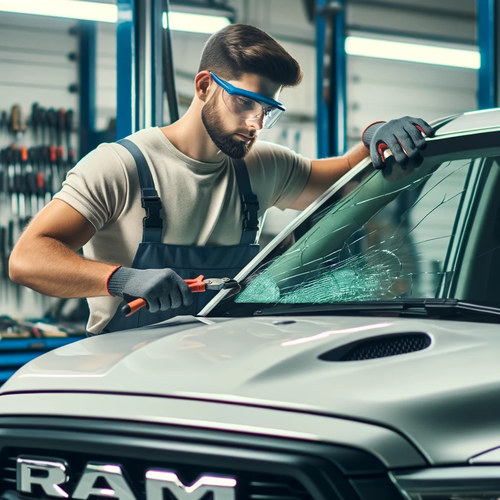 A professional auto glass technician in safety gear is meticulously installing a windshield on a Ram 1500 truck inside a well-equipped auto repair shop, demonstrating expertise and precision in the task.